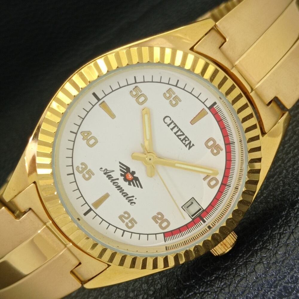 Vintage 1974 Citizen Automatic Mens Gold Watch W/daydate & Red accents